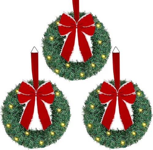 Vista 8 de ATDAWN Paquete de 3 mini coronas de Navidad, corona de Navidad iluminada para puerta delantera, corona de Navidad para decoraciones de fiesta