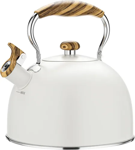 Vista 11 de Hervidor de té silbante de 2.6 cuartos de galón para estufa, de acero inoxidable de grado alimenticio con mango de madera con patrón fresco Negro
