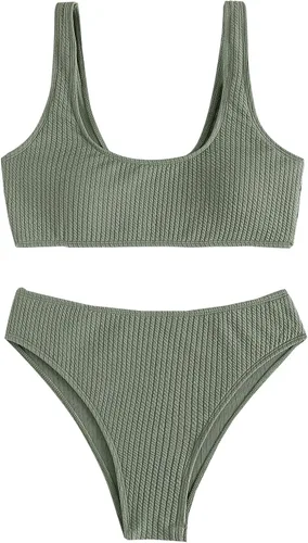 Vista 3 de Lilosy Conjunto de bikini acanalado de cintura alta, traje de baño atrevido de 2 piezas