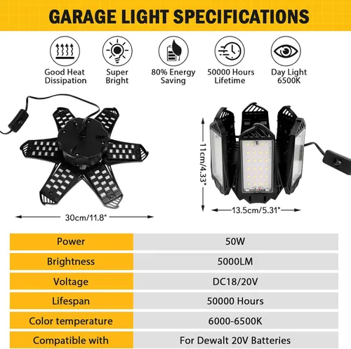Vista 3 de Compresor de aire del inflador de neumáticos y luz de trabajo LED para la batería Dewalt 20V