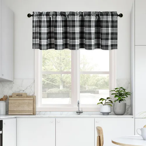 Vista 20 de VOGOL Cenefa de cuadros marrón con textura de lino para dormitorio, sala de estar, diseño de bolsillo para barra, fácil de colgar, 52 x 12 pulgadas