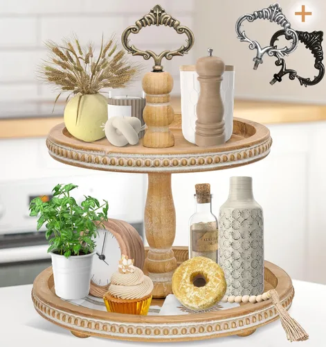 Vista 14 de Bandeja de madera de 2 niveles con soporte de servicio por Felt Creative Home Goods. Bandeja pequeña con detalle de cuentas para decoración