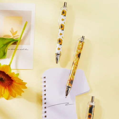 Vista 4 de Qilery 30 bolígrafos de girasol retráctiles a granel de flores amarillas florales creativas para plantas, bolígrafo de tinta negra, punta media