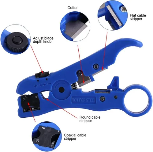 Vista 3 de Pelacables, cortador de cable coaxial portátil coaxial, herramienta de pelado para RG59 RG6 RG7 RG11 Cable UTP STP redondo y plano, azul