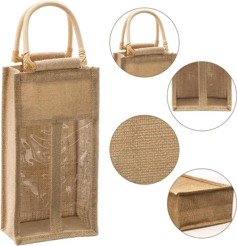 Vista 3 de Peohud Paquete de 2 bolsas de arpillera para botellas de vino, 4 botellas de yute para vino, bolsas de regalo de embalaje vintage con ventana y asa