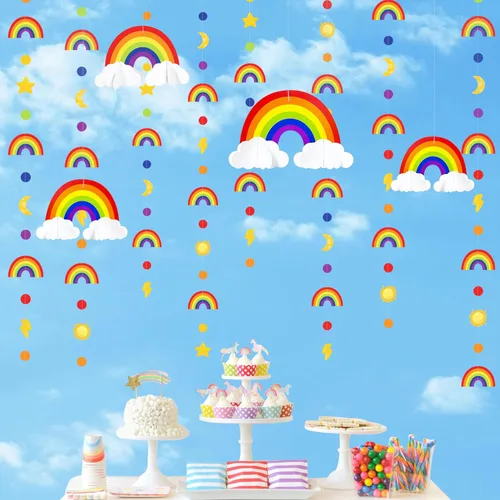 Vista 4 de Decoraciones de fiesta de arco iris, nube 3D, círculo, puntos, estrella, luna, rayo, guirnalda colorida para cumpleaños, baby shower, boda