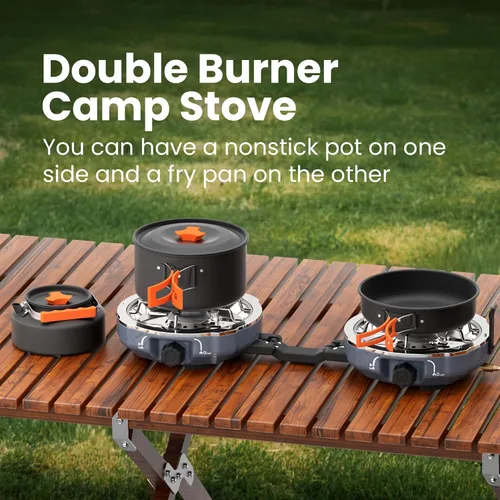 Vista 2 de Cofiyard Kit de estufa de propano de 2 quemadores para acampar con utensilios de cocina, estufa de gas propano plegable al aire libre, estufa