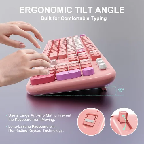 Vista 3 de Combo de teclado y mouse inalámbricos FOPETT - Teclado retro colorido y bonito de 2.4G de tamaño completo con teclas redondas de 104 teclas, teclado