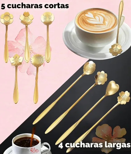 Vista 4 de Juego de 9 cucharas de café con diseño de flores, cucharas de té de acero inoxidable para decoraciones de fiesta de té (dorado)