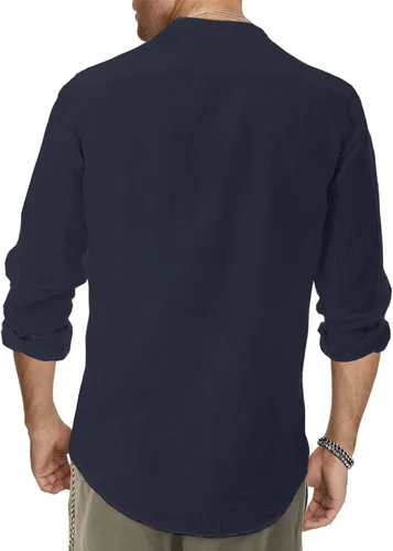 Vista 2 de JMIERR Camisas de algodón y lino para hombre, de verano, casual, de manga larga, cuello con botones, camisa de playa