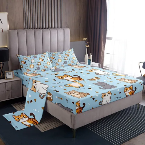 Vista 18 de Erosebridal Lindas sábanas de gato Kawaii fresa tamaño individual para niñas, diseño de arcoíris de dibujos animados, juegos de sábanas y fundas