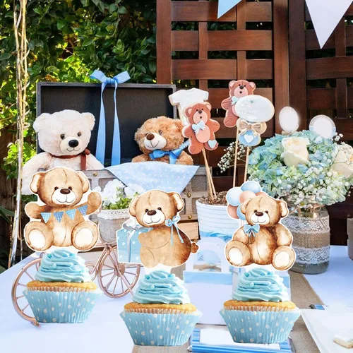 Vista 8 de 48 piezas de decoración para cupcakes con texto en inglés «We Can Bearly Wait» (We Can Wait Cupcake Toppers - Oso de peluche con brillantina)