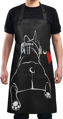 Vista 4 de ALAZA Bulldog - Delantal negro para cachorros franceses para hombres y mujeres, chef con bolsillos para cocina, barbacoa, regalos de trabajo, correa