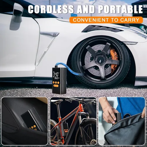 Vista 4 de Inflador de neumáticos Compresor de aire portátil - Bomba de aire inalámbrica para neumáticos de automóvil - Batería de 150 PSI y 10000 mAh Inflador