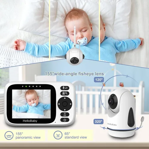 Vista 5 de HelloBaby Monitor de bebé de 3.2 pulgadas, 2 cámaras con soporte de suelo, monitor de video audio para bebés sin WiFi, zoom panorámico remoto