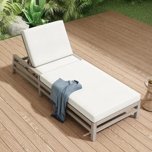 Vista 10 de Tumbona reclinable para patio al aire libre con respaldo ajustable de 5 posiciones y mesa auxiliar de madera, silla lounge para todo tipo de clima