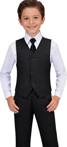Vista 4 de Visaccy Traje formal para niños, traje de esmoquin ajustado para niños Traje negro corbata azul cuadros (4 piezas)