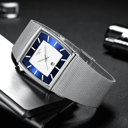 Vista 4 de NIBOSI Reloj de pulsera analógico de cuarzo para hombre con correa de malla de acero inoxidable y calendario de fecha