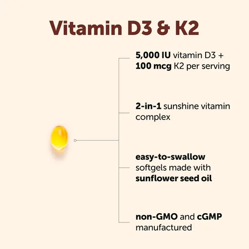 Vista 2 de Micro Ingredients Vitamina D3 5,000 UI + K2 MK-7 100 mcg por porción, 90 cápsulas blandas Suplemento 2 en 1 D3 K2 Fácil de tragar, sin OMG, sin