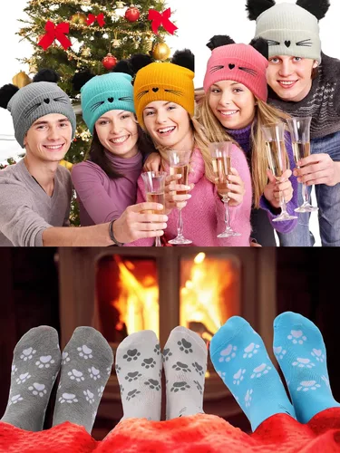 Vista 5 de Liitrsh Juego de 10 bonitos calcetines de gato y orejas de gato, gorro de punto para amantes de los gatos, niñas, mujeres, familia, Navidad, patas
