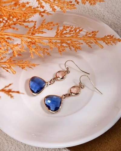 Vista 6 de Pendientes Colgantes de Zafiro Azul y Gotas de Topacio Azul en Oro Hechos a Mano con Aguamarina para Mujeres - Azul y Rosa Aguamarina (Aquamarine)