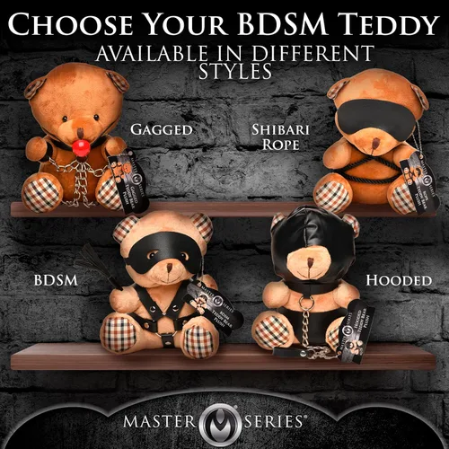 Vista 7 de MASTER SERIES Oso de Bondage con capucha para hombres, mujeres y parejas. Suave oso de peluche con temática BDSM M. Regalo lindo y sexy. 1 pieza