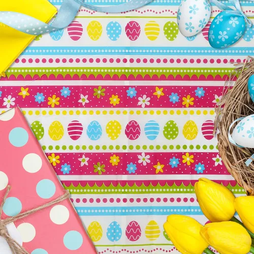 Vista 6 de Oudain 6 manteles de fiesta de Pascua a granel, cubierta de mesa de huevos de Pascua de plástico desechable, mantel de conejo colorido