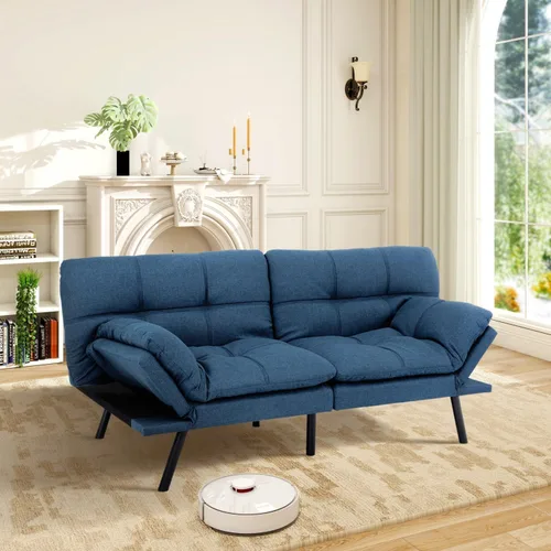 Vista 9 de MUUEGM Sofá cama futón de espuma viscoelástica, moderno sofá de oficina de tela azul, sofá convertible para espacios pequeños, apartamento, oficina