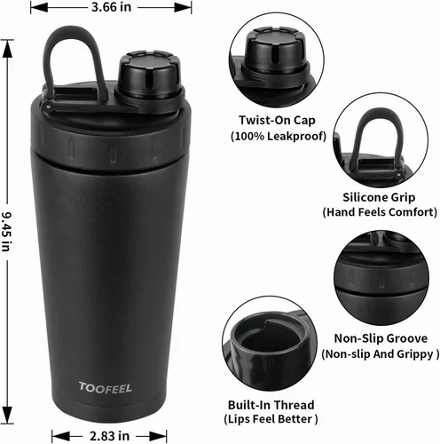 Vista 4 de TOOFEEL Botella agitadora de acero inoxidable - Botella agitadora aislada de doble pared de 20 onzas, mantiene frío/calor, para mezclas de proteínas
