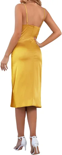 Vista 2 de LYANER - Vestido de satén para mujer, sin mangas, por debajo de la rodilla, con cuello drapeado, holgado y tirantes delgados, estilo camisola