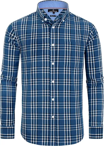 Vista 18 de Alimens & Gentle - Camisas a cuadros con botones para hombre, camisas de vestir de manga larga, de algodón, corte estándar Negro (Black Gingham)
