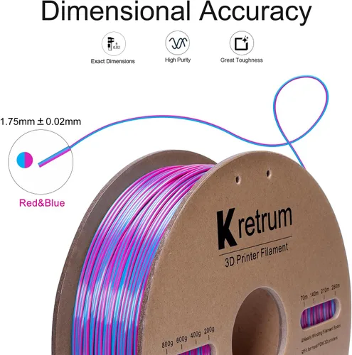 Vista 2 de Kretrum - Filamento de impresora 3D de seda de doble color PLA 1.75mm, filamento PLA de seda con cambio de color para impresión 3D, 1kg / 2.2lbs