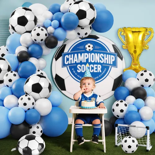 Vista 5 de Kit de arco de guirnalda de globos de fútbol, 103 globos de 18, 12, 10 y 5 pulgadas, globos de copa de fútbol azul y blanco con globos de papel