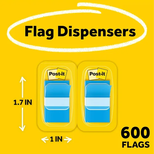 Vista 2 de Post-it Banderas, 1 pulgada x 1.7 pulgadas, doce dispensadores con 50 pestañas adhesivas azules por dispensador (600 banderas en total), marcadores