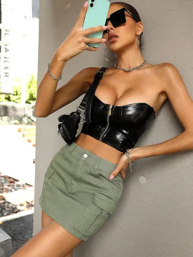 Vista 4 de WDIRARA Minifalda de cintura alta para mujer con bolsillos