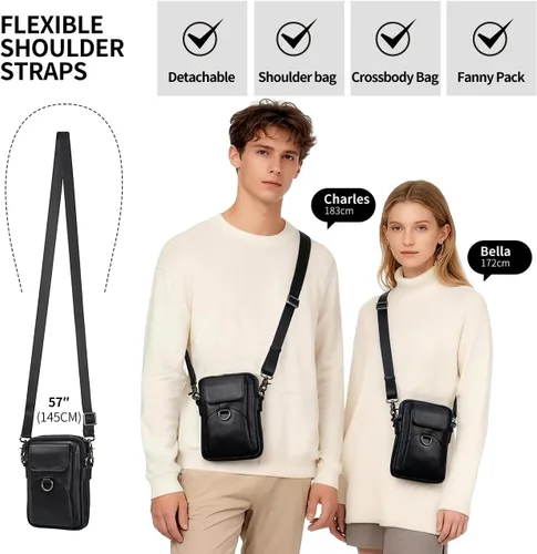 Vista 2 de Augus Bolso bandolera pequeño de cuero genuino para teléfono celular, bolso de hombro para uso diario para mujeres y hombres