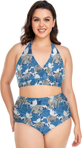 Vista 21 de Bikini de 2 piezas para mujer, talla grande, cintura alta, cuello halter, fruncido, control de abdomen Murciélagos Cruces Estrellas