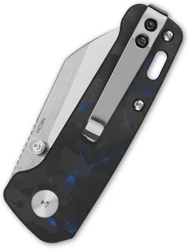 Vista 4 de QSP Penguin - Cuchillo de bolsillo mini plegable, hoja de 2.25" Sandvik 14C28N de dos tonos satinado EDC, mango G10 con superposición CF azul