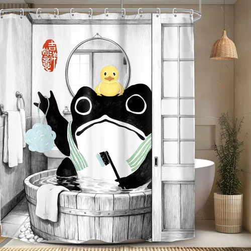 Vista 11 de Juego Divertido de Cortina de Rana Retro para Ducha, Juego de Baño 48x71 Pulgadas, Estilo Asiático Lindo, Arte Japonés Tradicional de Pato de Goma