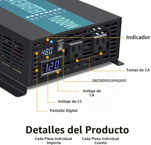 Vista 2 de WZRELB Inversor de corriente de onda sinusoidal pura de 1000W 48V 120V con 2 salidas de CA, inversor de coche