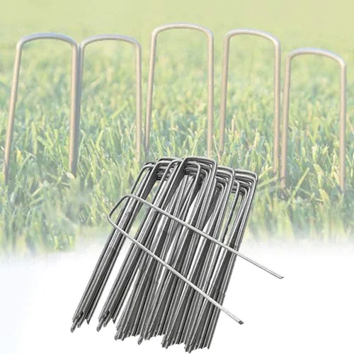 Vista 2 de Zerodis 50 clavos de tierra de jardinería, estacas de acero inoxidable, reutilizables, oblicuos, recortes, estacas de tierra para fijar telas