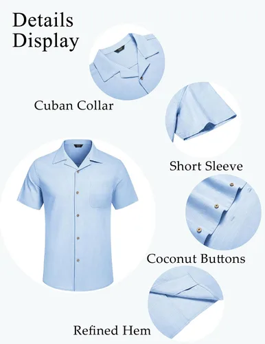 Vista 5 de COOFANDY Camisa casual de lino de algodón para hombre, de manga corta, con botones, para verano y playa