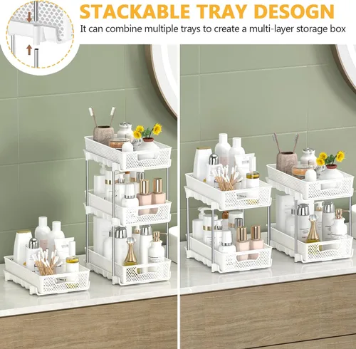 Vista 3 de DABIGE Paquete de 2 organizadores de baño extraíbles y almacenamiento, organizador de almacenamiento apilable de 2 niveles para baño, gabinete