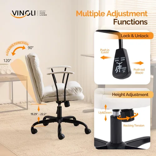 Vista 5 de VINGLI Silla de escritorio acolchada blanca con/sin ruedas, base doble, reposabrazos removibles, silla giratoria ajustable y cómoda para Blanco