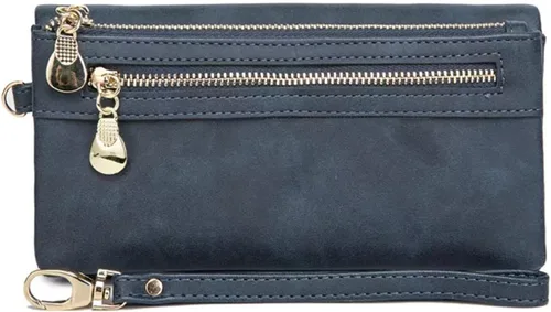 Vista 9 de Aslana Billetera larga de cuero suave con correa de mano Bolso de embrague para mujer Tarjetero Bolsa de teléfono (negro)