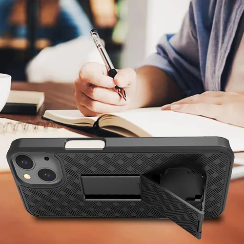 Vista 7 de Ailiber - Funda con clip para cinturón para iPhone 13/14, protector de pantalla, color negro Swivel Stand Holder, Slim Shell Slide Pouch Full Body