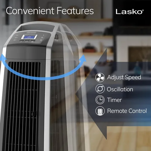 Vista 4 de Lasko U35115 - Ventilador de torre oscilante de alta velocidad para habitación, garaje, sótano y gimnasio con control remoto, temporizador, 3