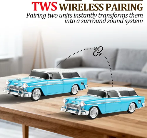 Vista 3 de WSTER Altavoz Bluetooth retro en forma de automóvil, calidad de sonido de alta definición, emparejamiento TWS, múltiples salidas de interfaz, Azul