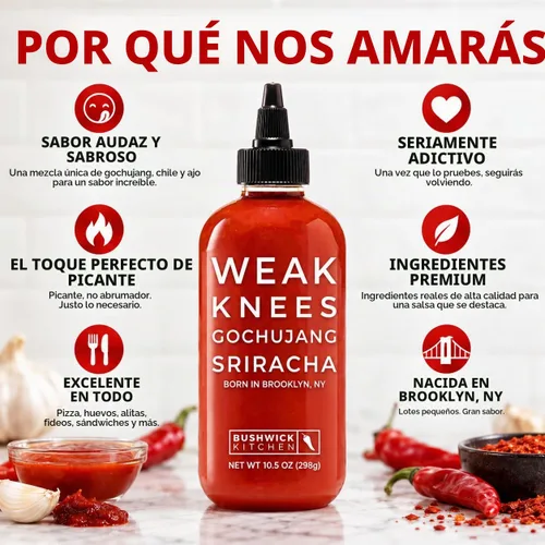 Vista 2 de Salsa Picante Weak Knees Gochujang Sriracha, Infundida con Pasta Gochujang Coreana Audaz y Sriracha Picante Clásica, Hecha en EE.UU., Botella