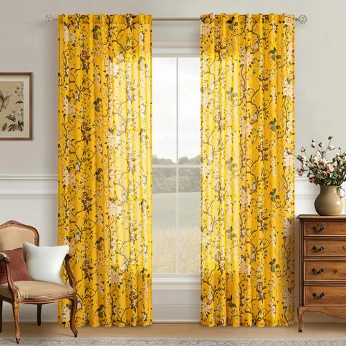 Vista 23 de Cortinas de lino de pájaro floral azul 2 paneles de 72 pulgadas de largo Aqua Blue